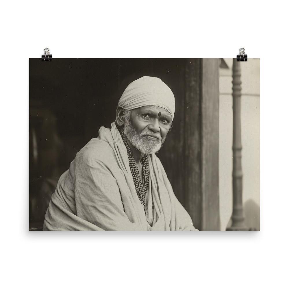 Serene Sai Baba Vintage Monochrome Photograph Poster - Oh Posters