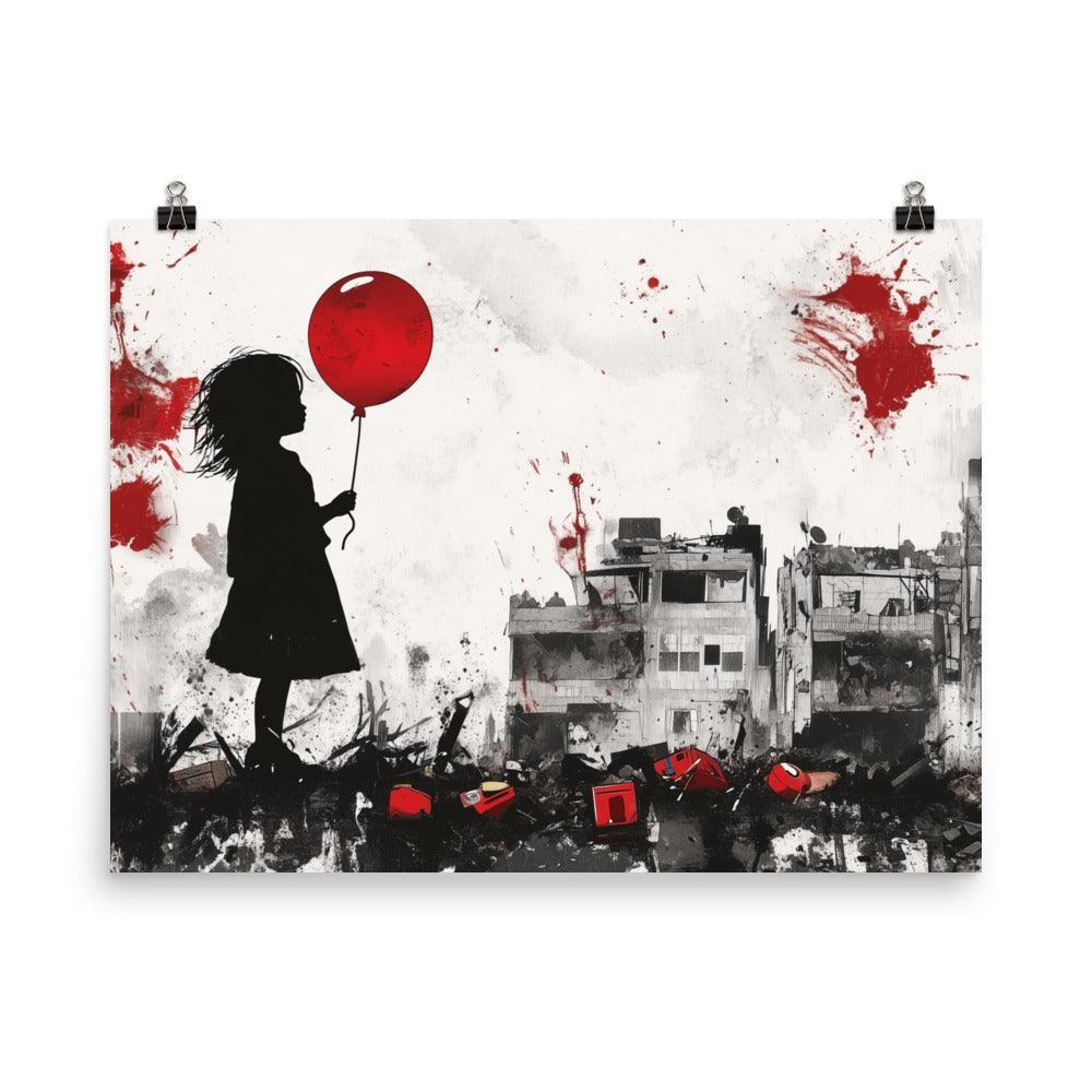 Child Holding Balloon Amidst Rubble Palestine Poster - Oh Posters