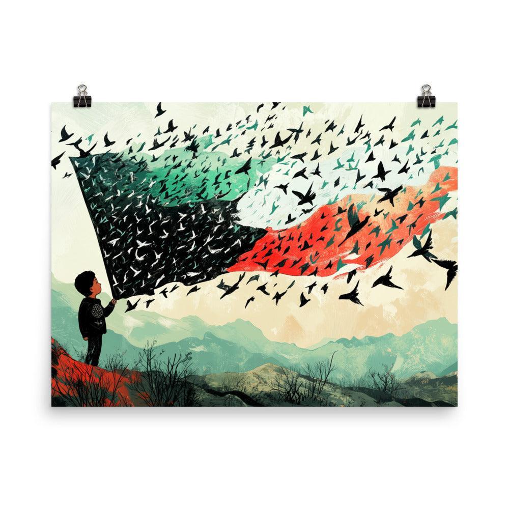 Child Holding Palestinian Flag Birds Flying Illustration Poster - Oh Posters