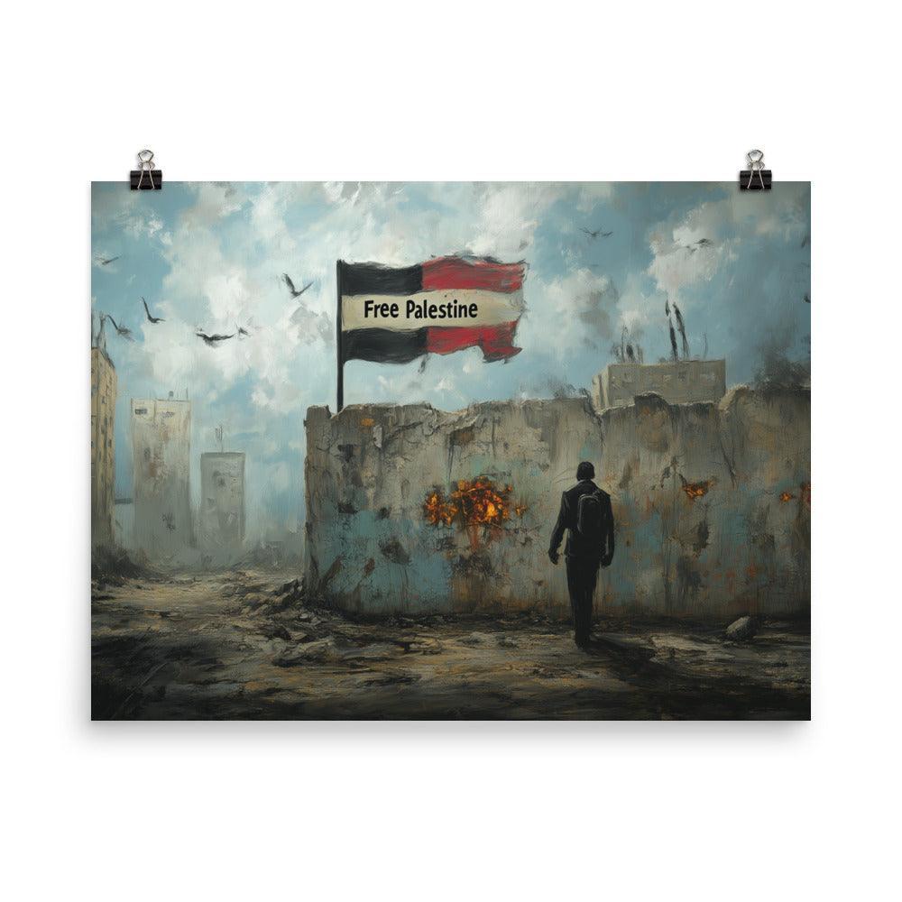 Free Palestine Flag in War-Torn Cityscape Poster - Oh Posters