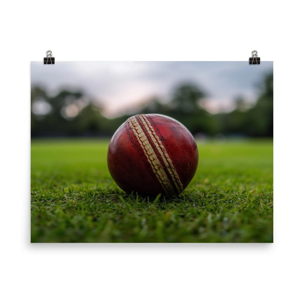 Close-Up Cricket Ball on Green Grass Field Poster - Oh Posters