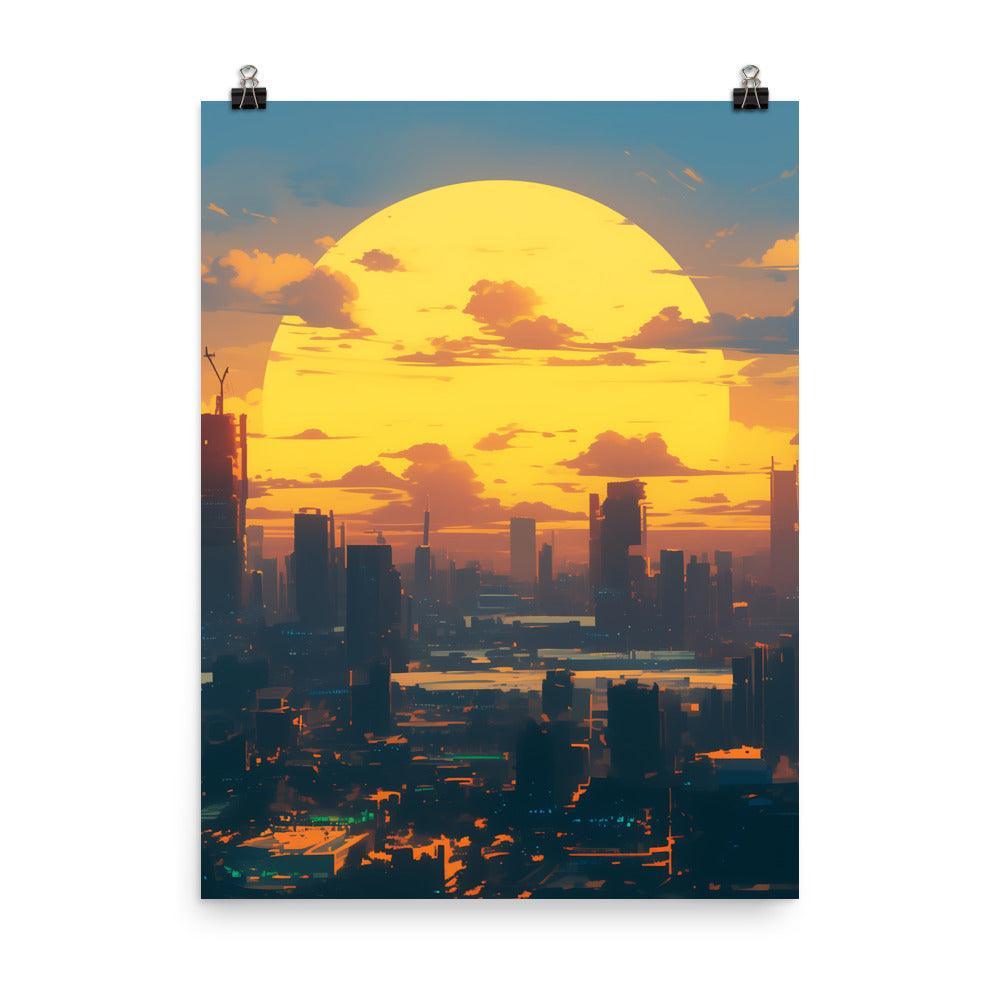 Futuristic Cityscape at Sunrise with Giant Sun and Towering Skyscrapers Digital Art Poster - Oh Posters