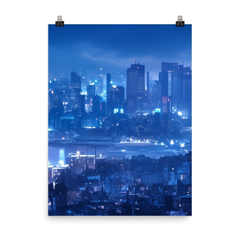 Futuristic Blue Cityscape with Neon Signs and Modern Architecture Art Poster - Oh Posters