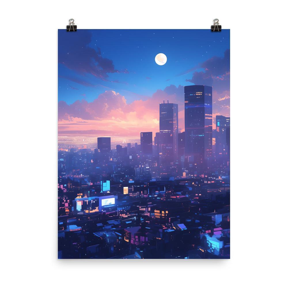 Illuminated City Skyline at Twilight with Full Moon and Vibrant Colors Art Poster - Oh Posters