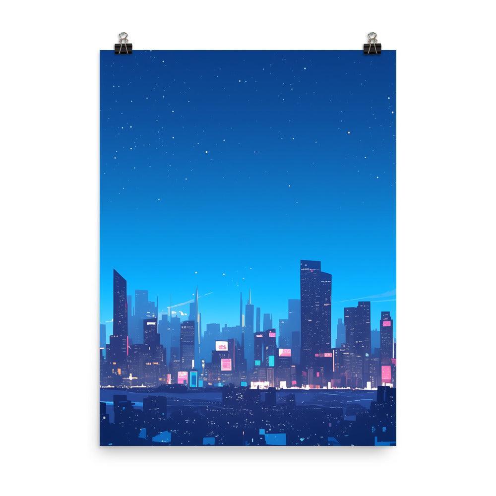 Bright City Skyline with Stars and Reflections Clean Digital Illustration Poster - Oh Posters