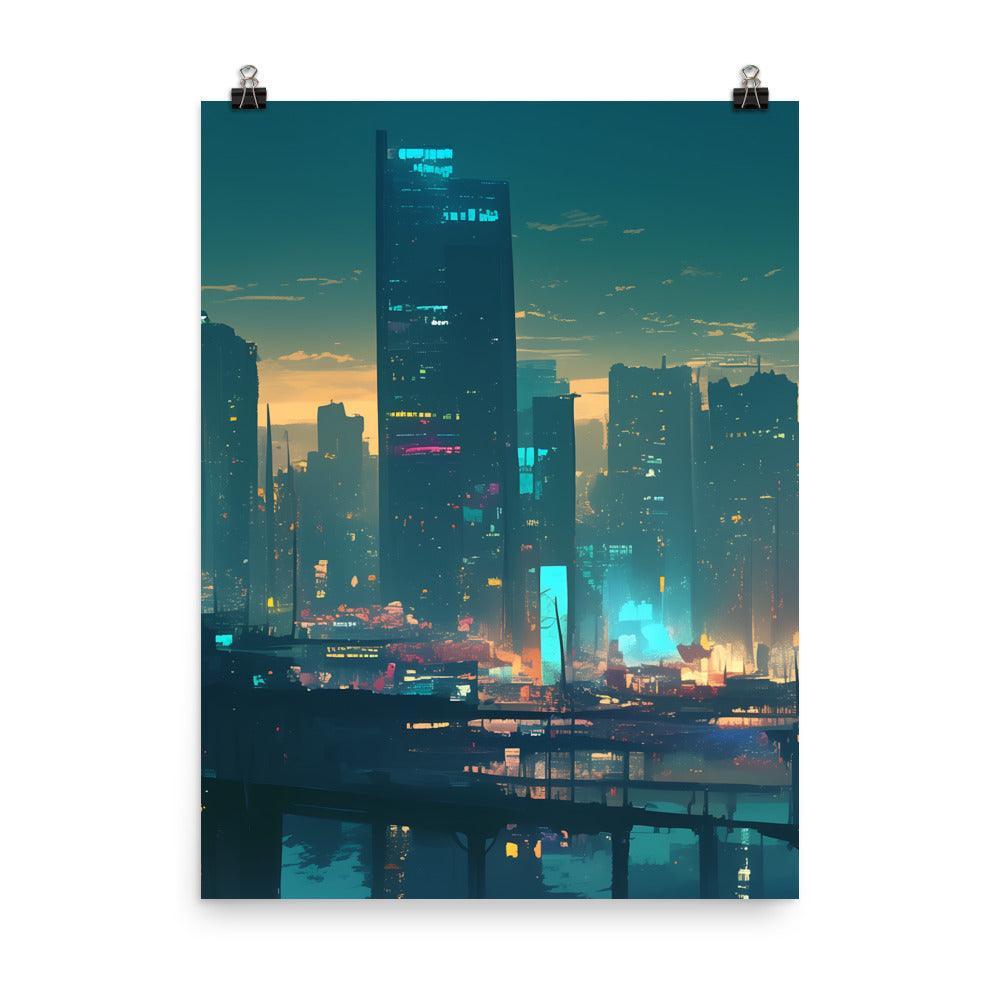 Evening Skyline with Skyscrapers and Warm Glow Futuristic Digital Art Poster - Oh Posters