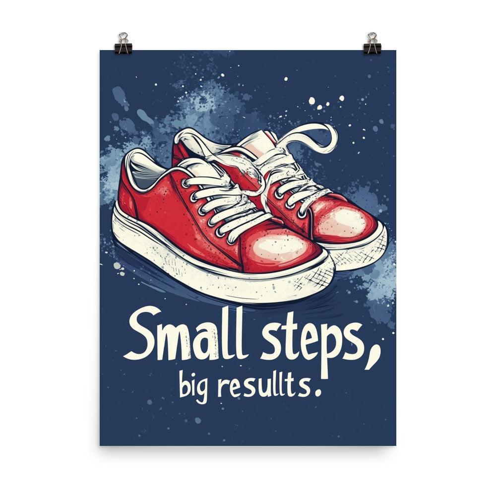 Small Steps Big Results Red Sneakers on Blue Background Poster - Oh Posters