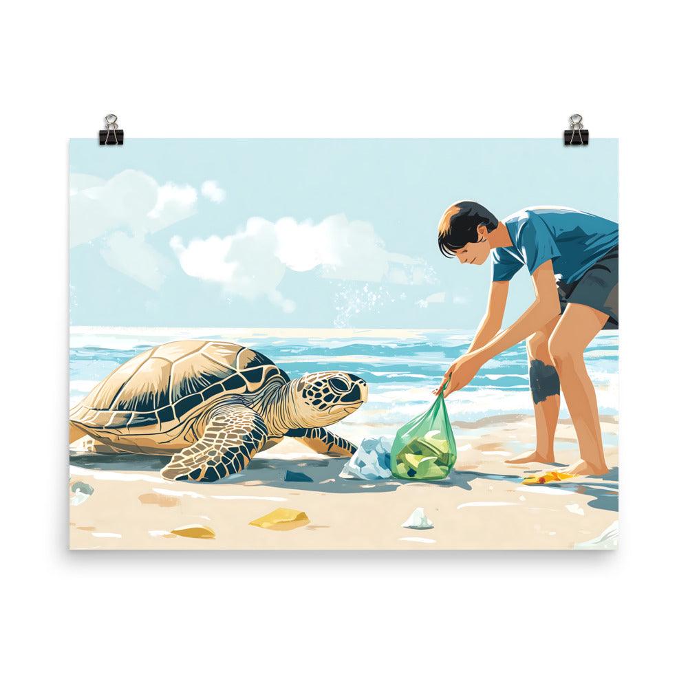 Beach Cleanup Turtle Teamwork Protecting Ocean Wildlife Together Poster - Oh Posters