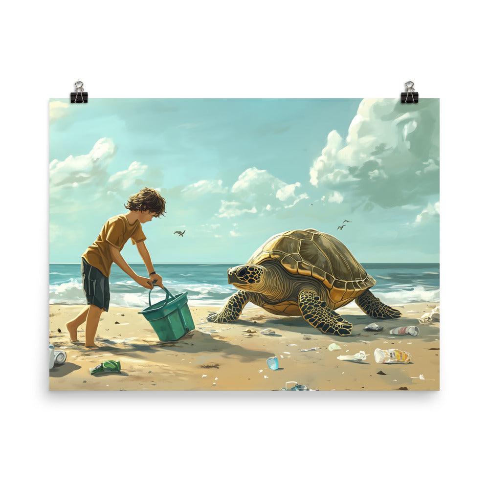 Beach Cleanup Turtle and Kid Inspiring Coastal Conservation Art Poster - Oh Posters