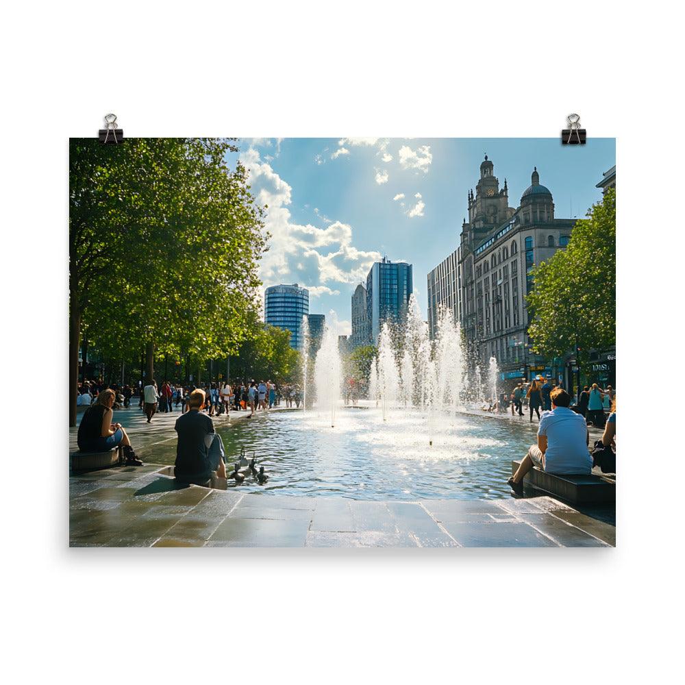 Manchester Skyline Urban Relaxation with Fountain and City Vibes Poster - Oh Posters