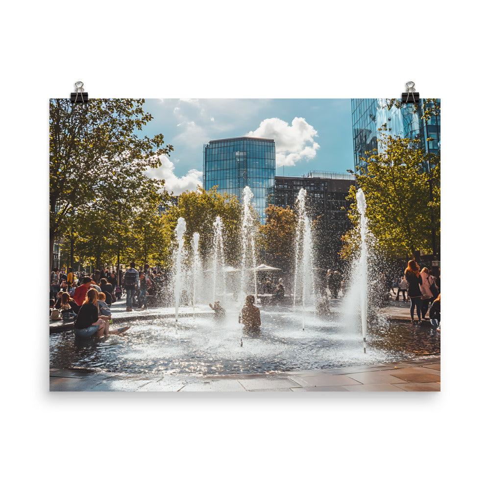 Vibrant Manchester Cityscape with Fountains and Urban Charm Poster - Oh Posters
