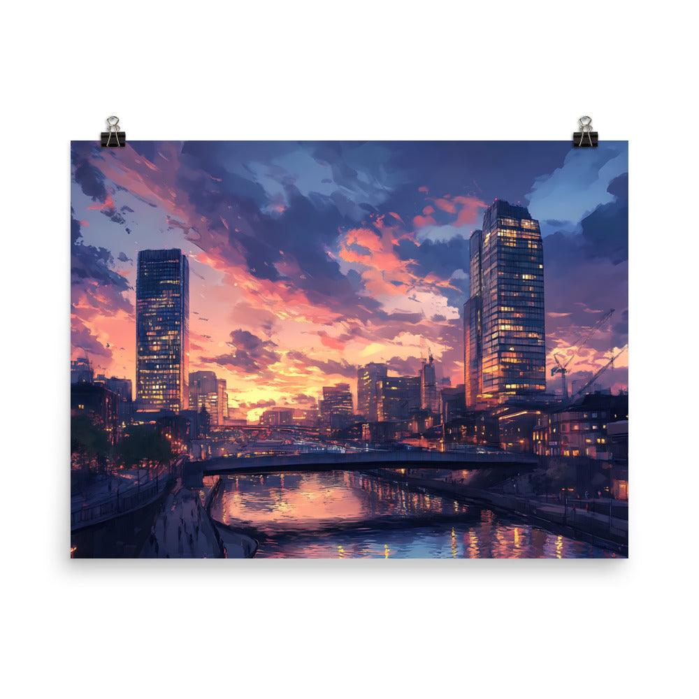 Manchester Skyline at Sunset Reflection Over River Urban Cityscape Poster - Oh Posters