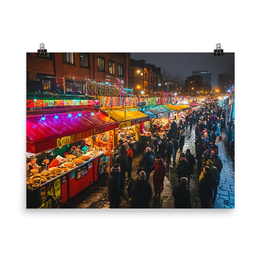 Vibrant Manchester Night Market Scene Poster - Oh Posters