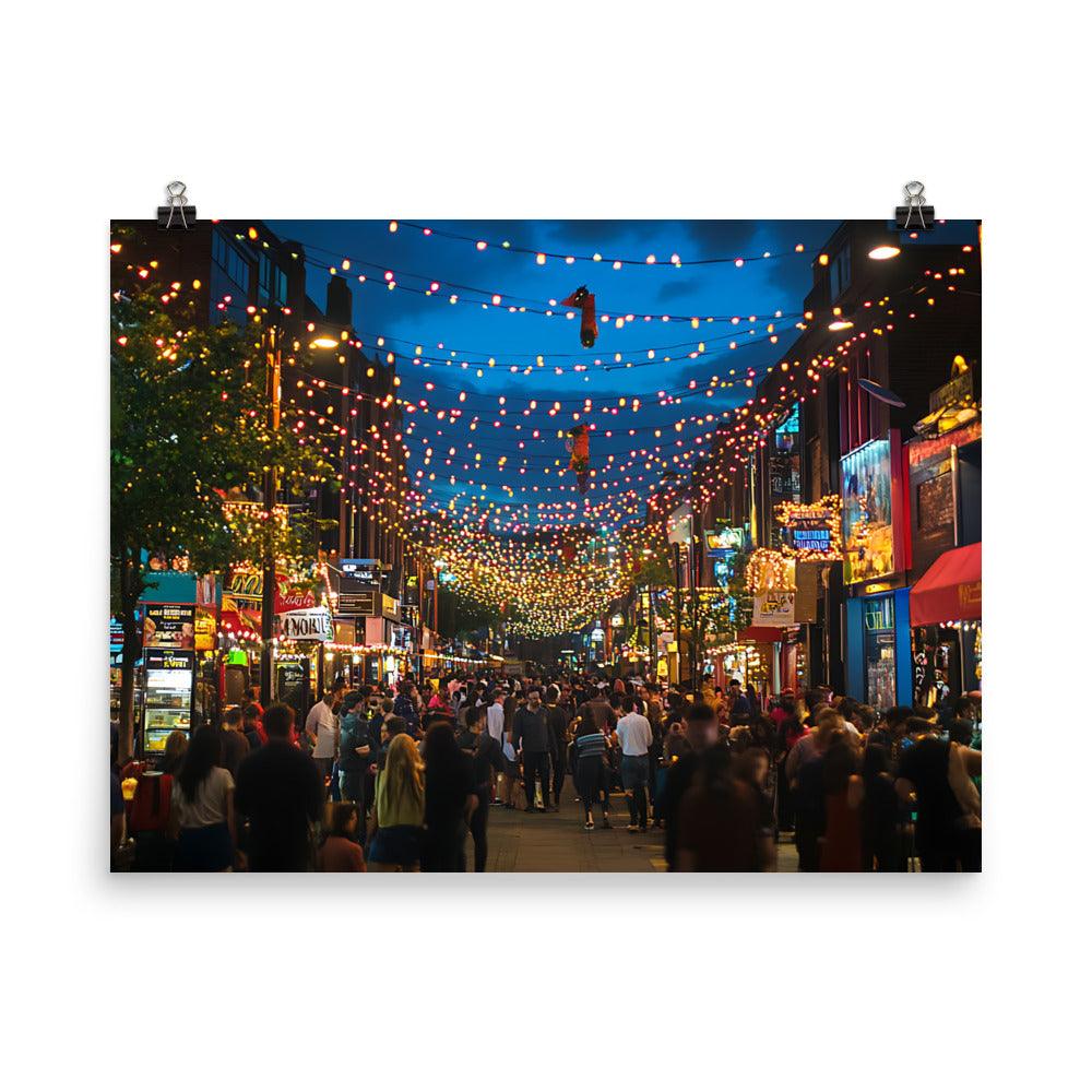 Manchester City Nightlife Street View with Festive Lights Poster - Oh Posters