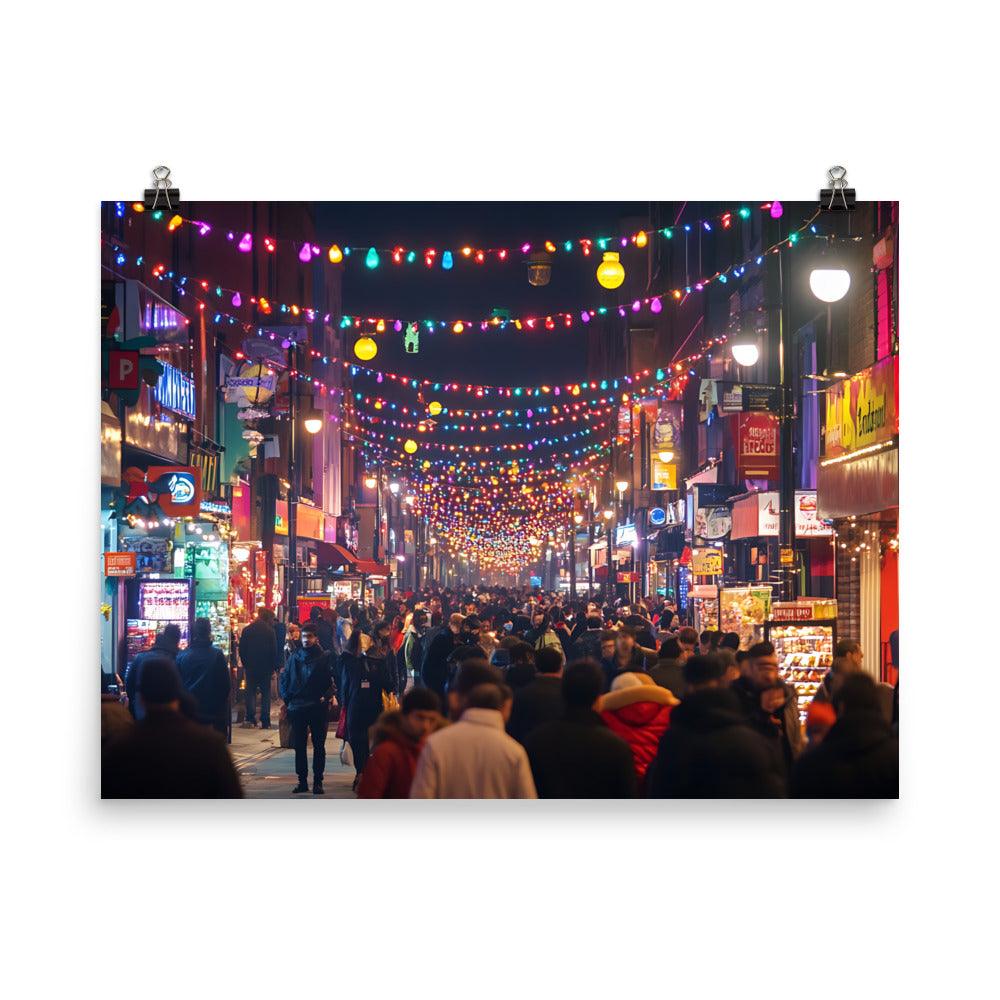 Manchester Nightlife Vibrant Streets Lights and Crowds Poster - Oh Posters