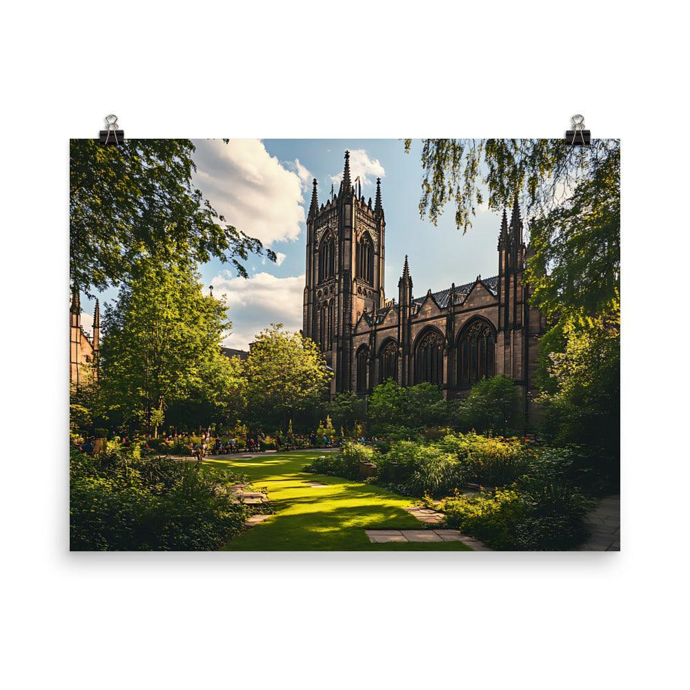 Manchester Cathedral Tranquil Garden View in Warm Sunlight Poster - Oh Posters