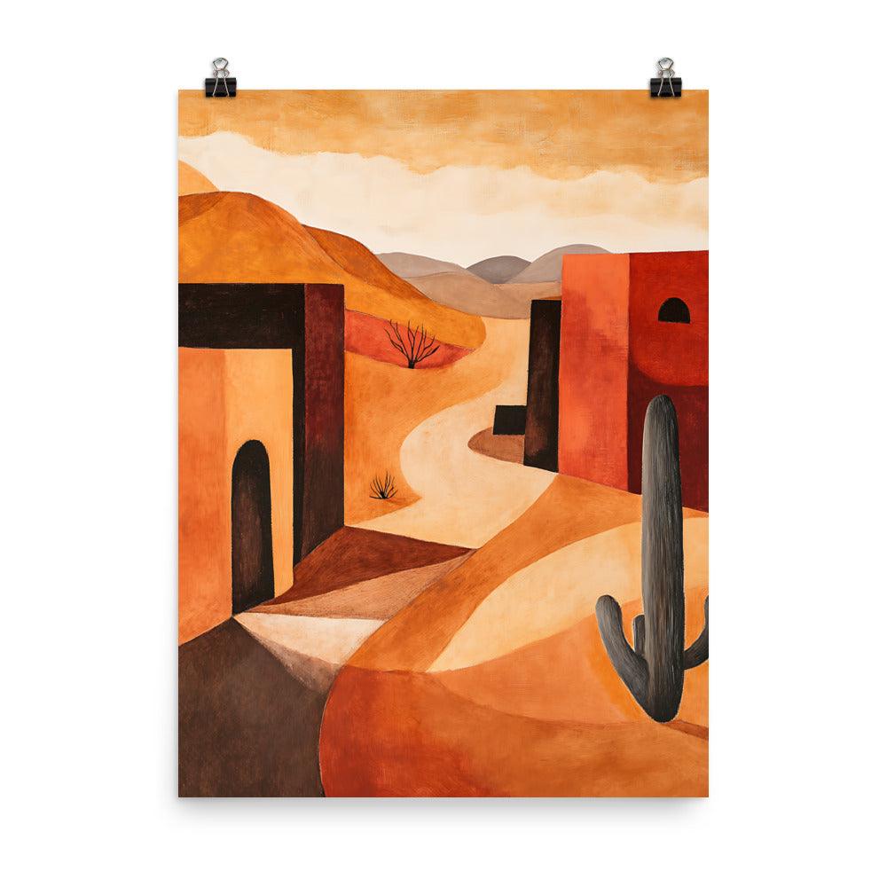Boho Desert Landscape with Cactus and Adobe Houses Poster - Oh Posters