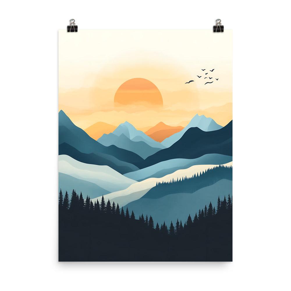 Boho Mountain Sunset Landscape with Birds and Forest Silhouette Poster - Oh Posters