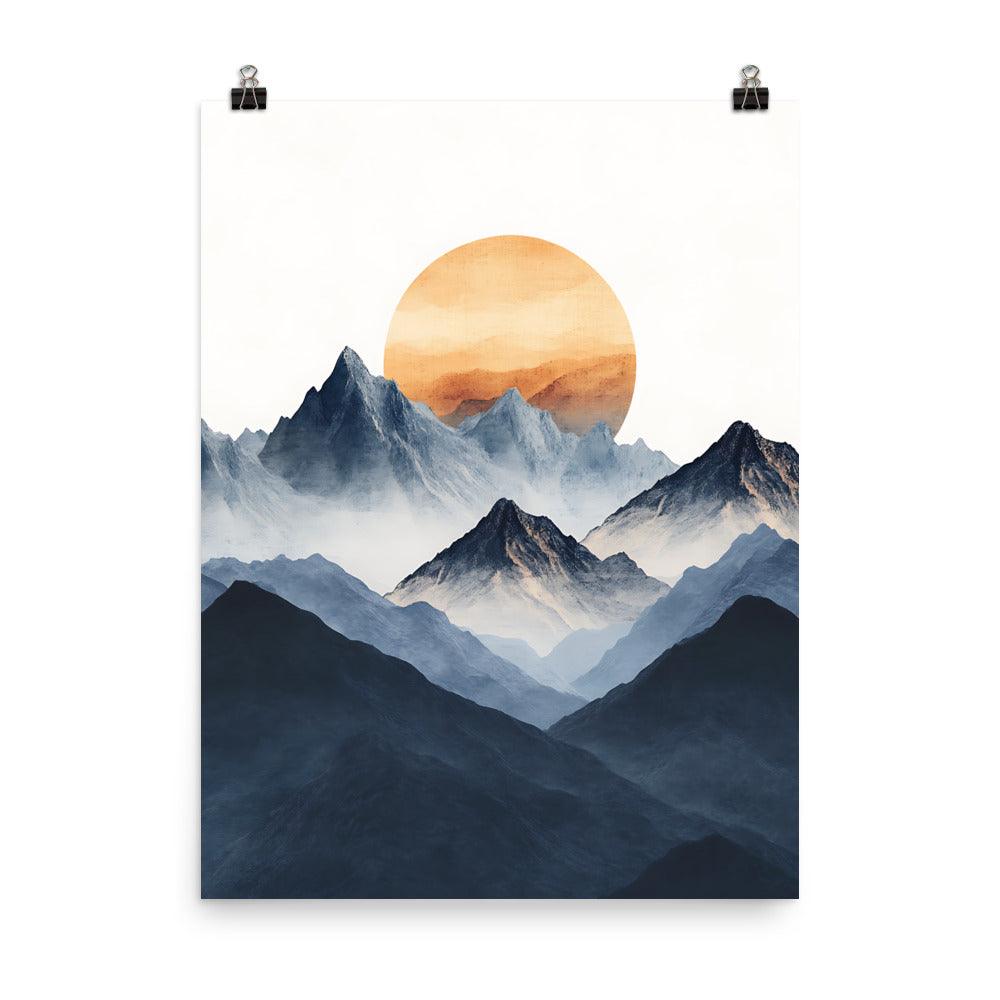 Boho Mountain Sunrise with Serene Peaks and Warm Sun Poster - Oh Posters