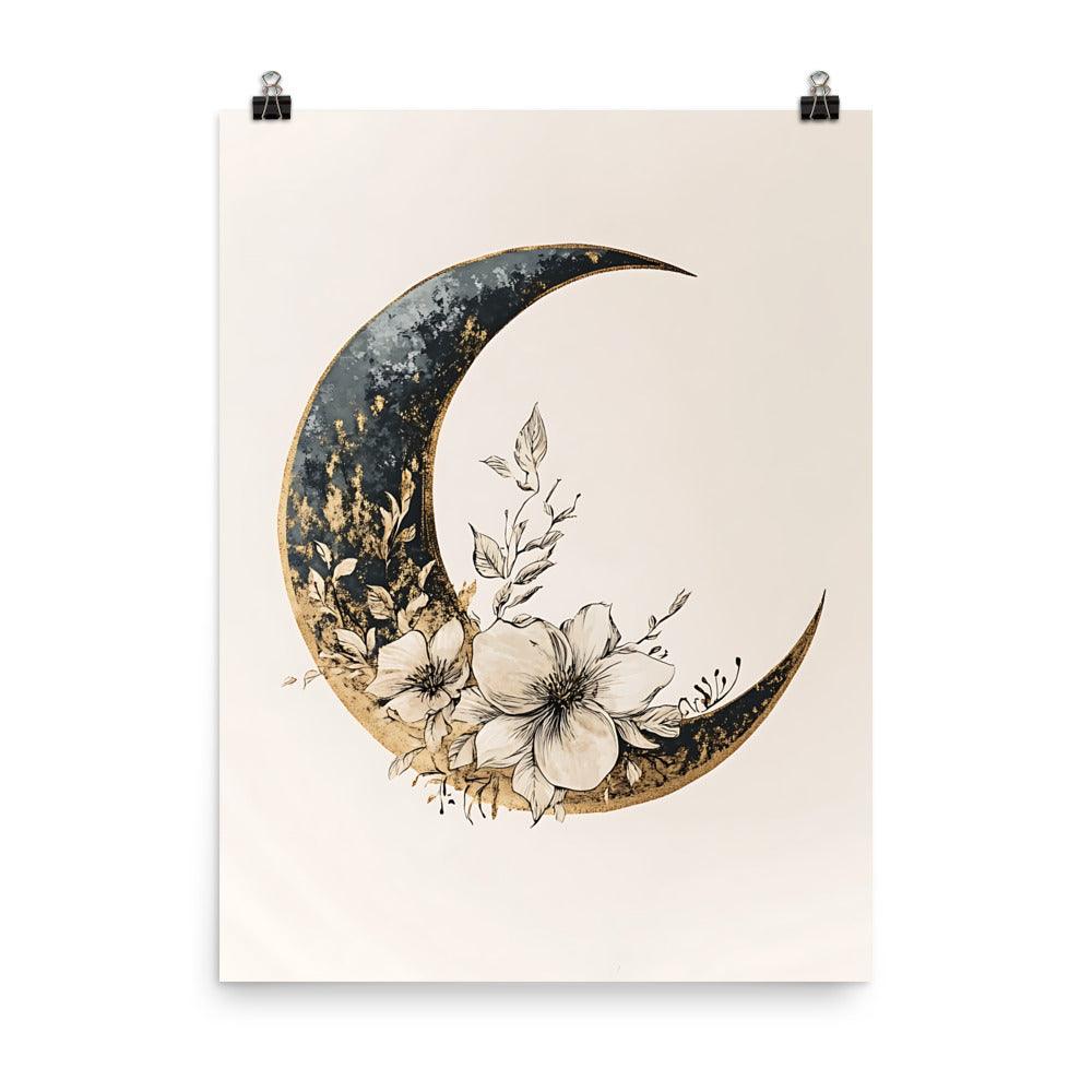 Boho Floral Crescent Moon Art with Elegant Botanical Details Poster - Oh Posters