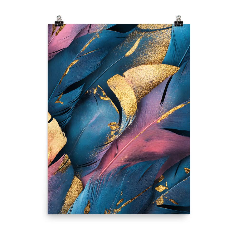 Boho Feather Vibes with Gold and Blue Hues Poster - Oh Posters