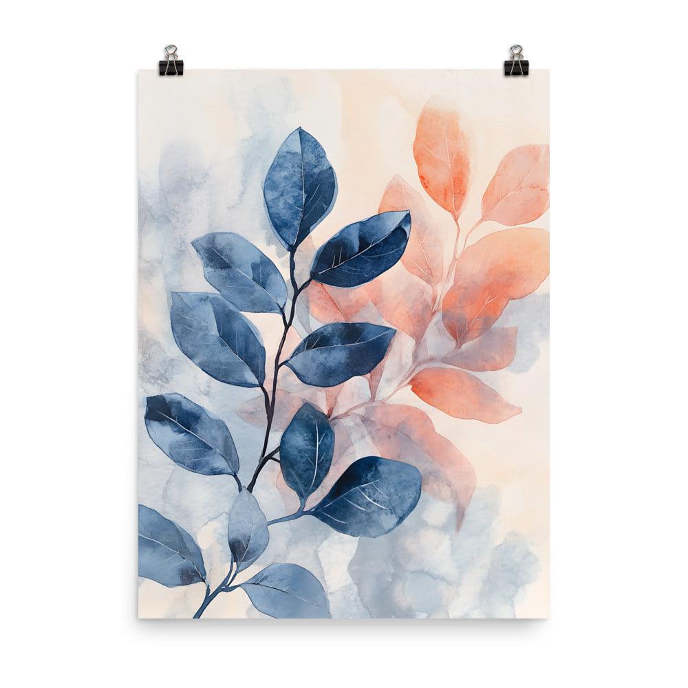 Boho Watercolor Leaves Serenity in Blue and Coral for Nature Lovers Poster - Oh Posters