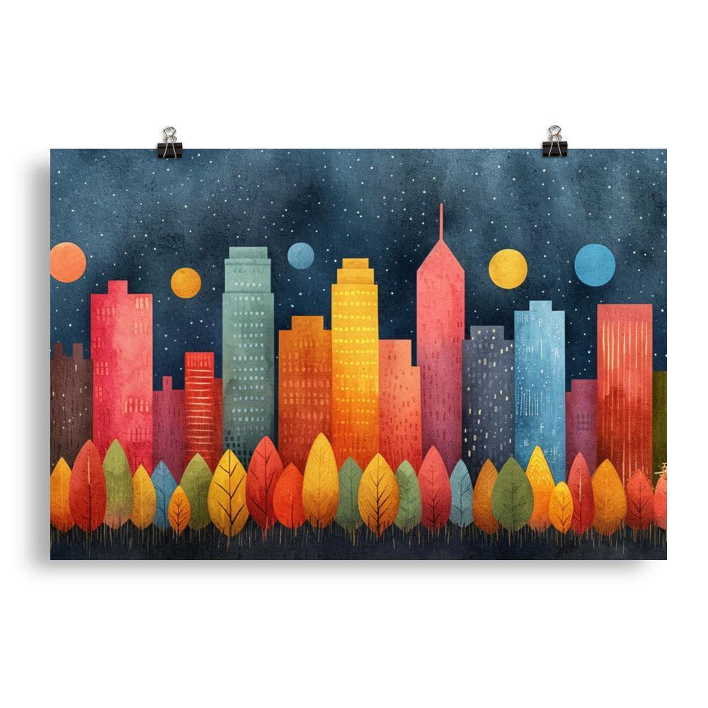 Colorful City Skyline with Night Sky Drawing Style Poster - Oh Posters