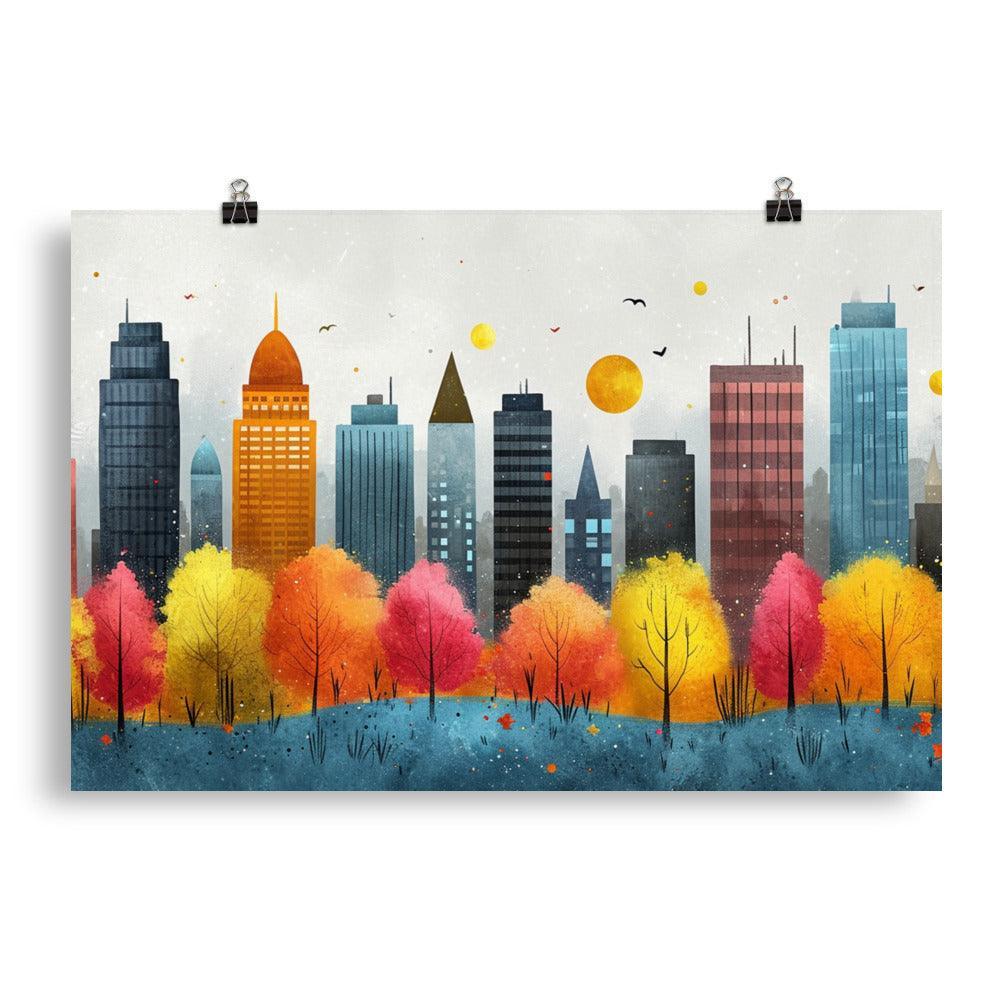 Colorful City Skyline with Cloudy Sky Drawing Style Poster - Oh Posters