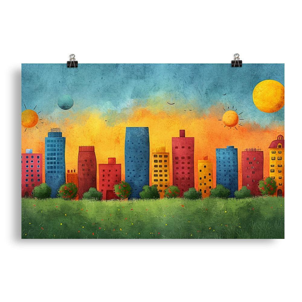 Colorful Urban City Skyline with Sunny Sky Drawing Style Poster - Oh Posters