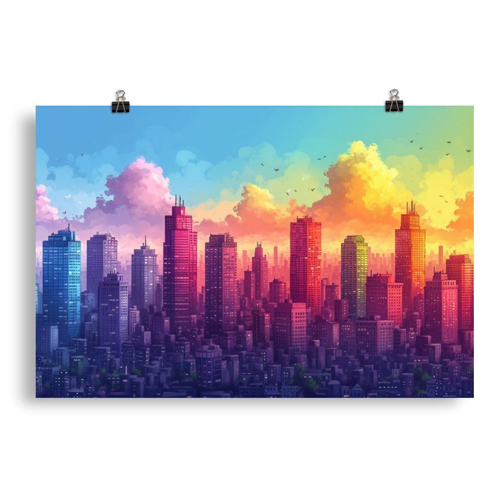 Colorful Mega City Skyline with Sunrise Sky Drawing Style Poster - Oh Posters