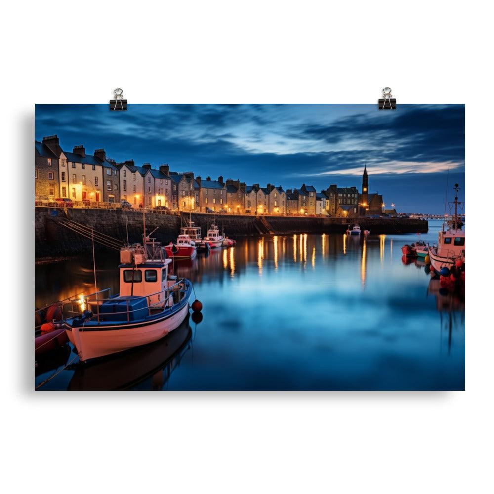 Dusk at Aberdeen Harbor Serene Scottish Waterfront and Boats Poster - Oh Posters