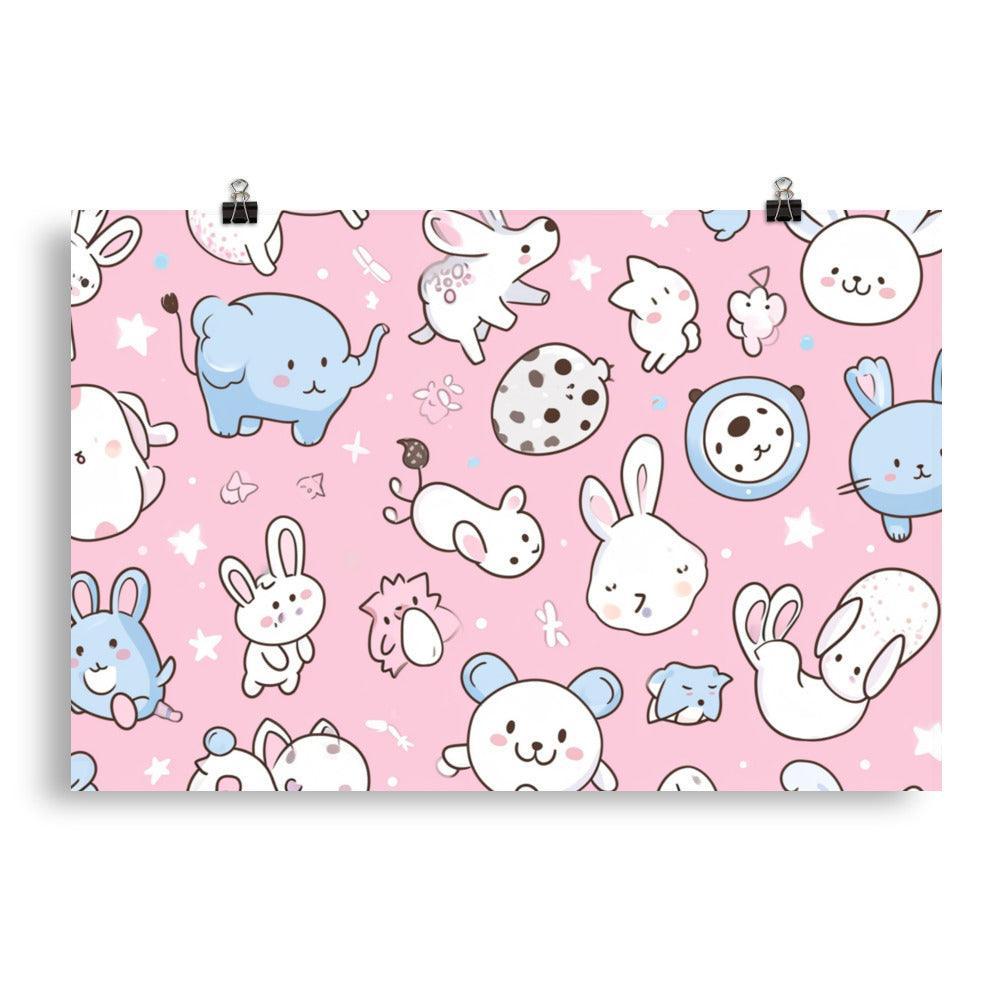 Kawaii Animals Characters Pattern on Pink Background Poster - Oh Posters