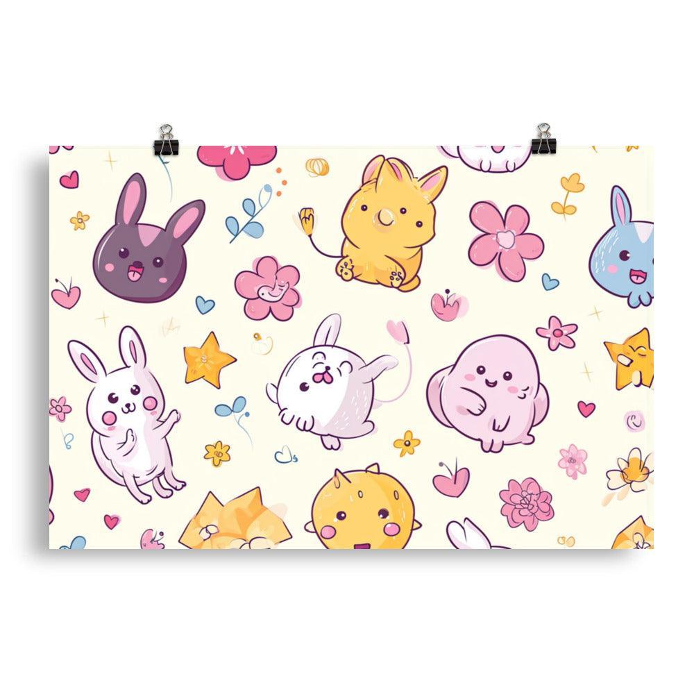 Kawaii Abstract Animals and Flowers on Pastel Wonderland Poster - Oh Posters