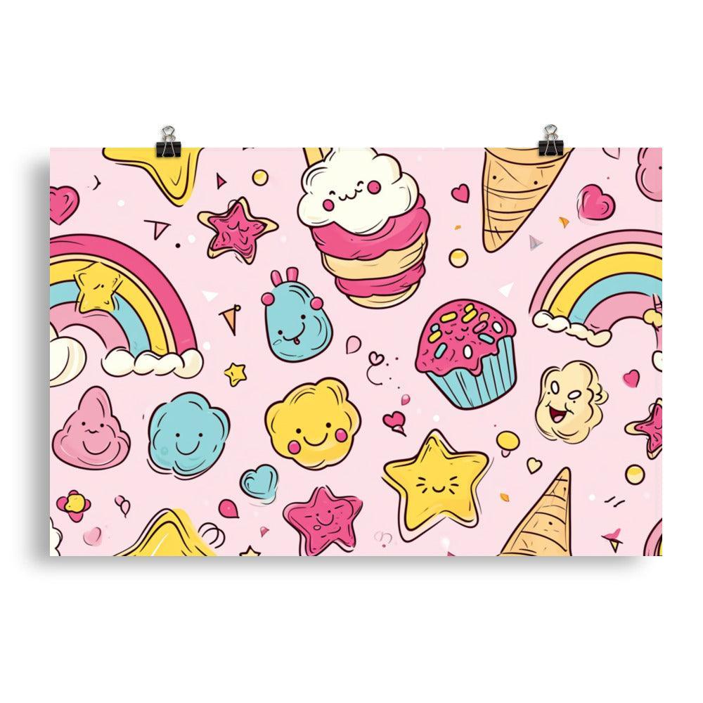 Kawaii Sweet Treats and Rainbows Pattern Cute Illustration on Pink Poster - Oh Posters