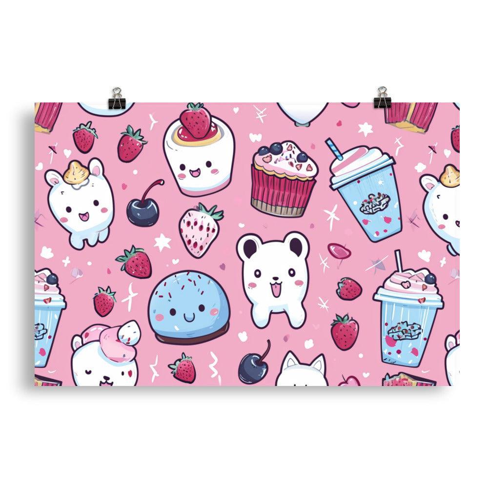 Kawaii Desserts and Beverages Adorable Characters Pattern on Pink Poster - Oh Posters