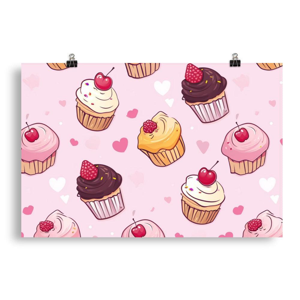 Kawaii Cute Cupcakes with Hearts Pattern on Pink Poster - Oh Posters