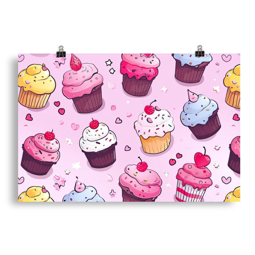 Delightful Kawaii Cupcakes with Sprinkles and Hearts Pattern on Pink Poster - Oh Posters