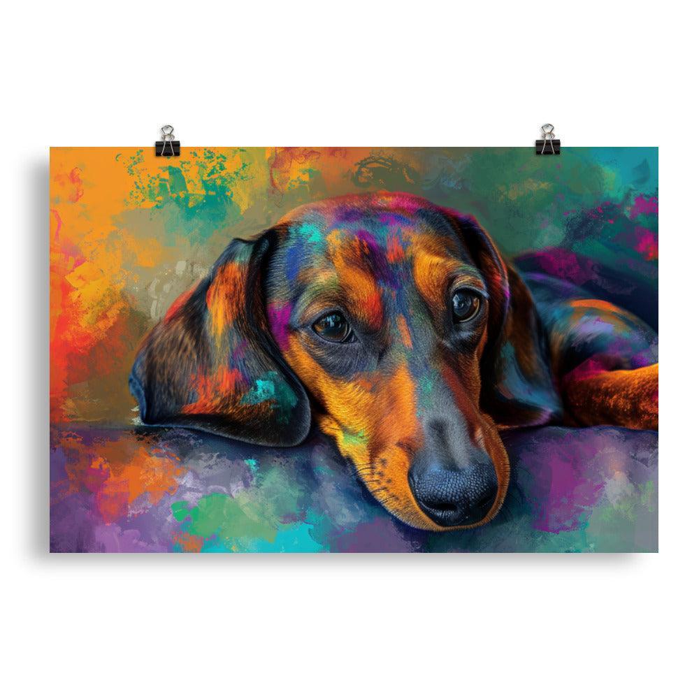 Smooth-Haired Dachshund on Colorful Abstract Art Background Poster - Oh Posters