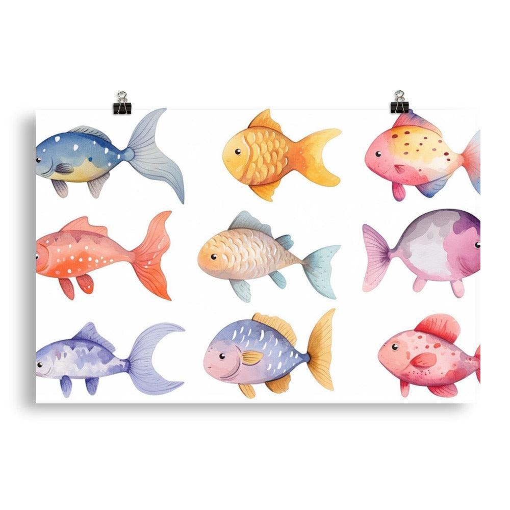 Pastel Watercolor Fish Collection for Nursery Children Kids Art Poster - Oh Posters