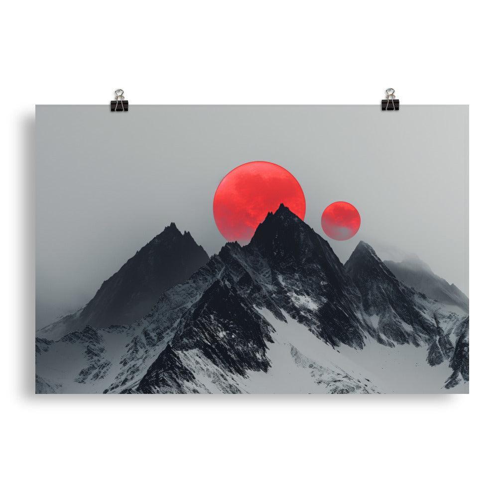 Extraterrestrial Red Moons Over Snowy Mountains Surreal Art Poster - Oh Posters