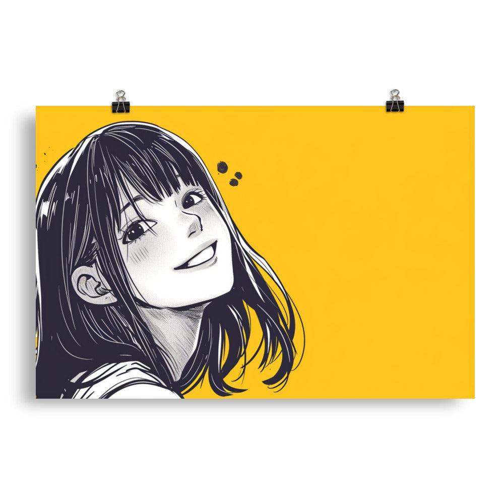 Cheerful Manga Girl Monochrome Portrait Yellow Background Poster - Oh Posters