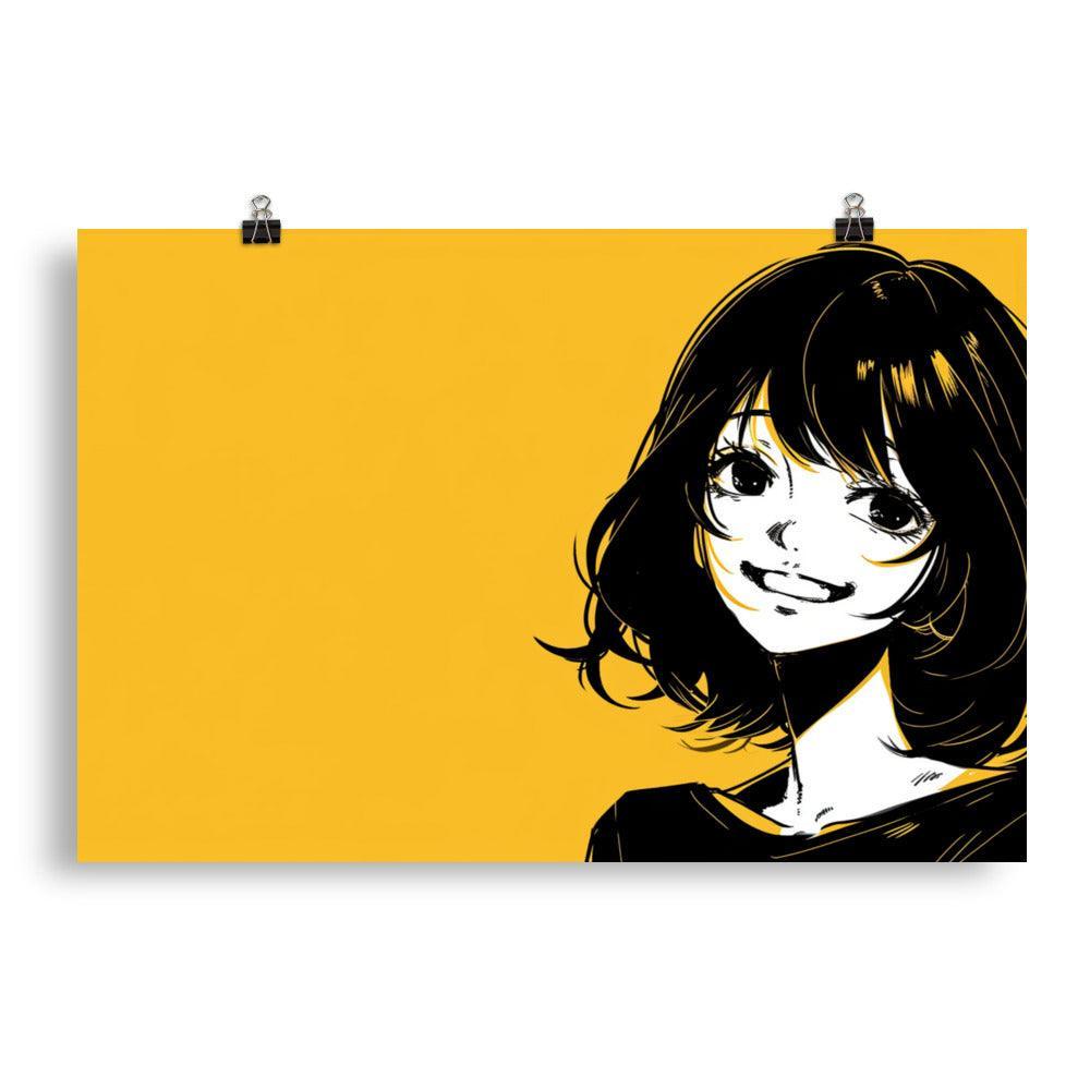 Japanese Manga Style Girl with Bob Cut Smiling Yellow Background Poster - Oh Posters