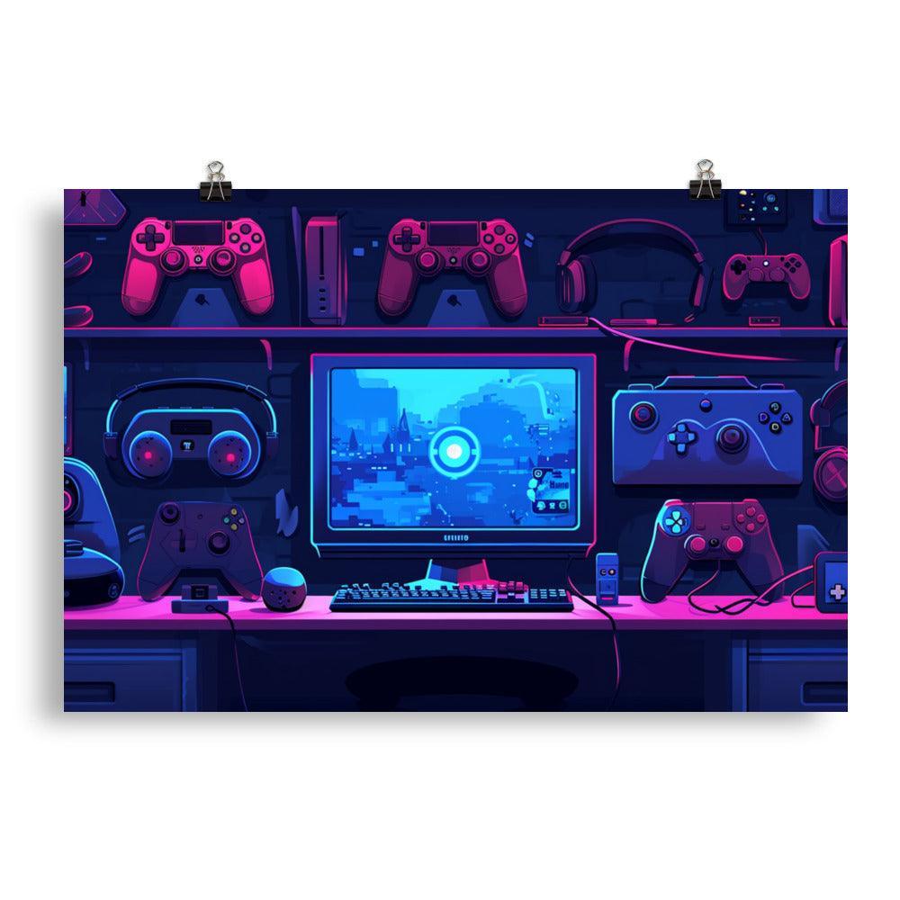 Gaming Setup Neon Glow Digital Art Poster - Oh Posters