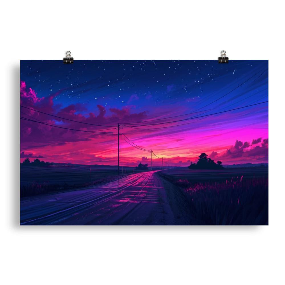 Dusk Road with Electricity Poles Vivid Digital Poster - Oh Posters