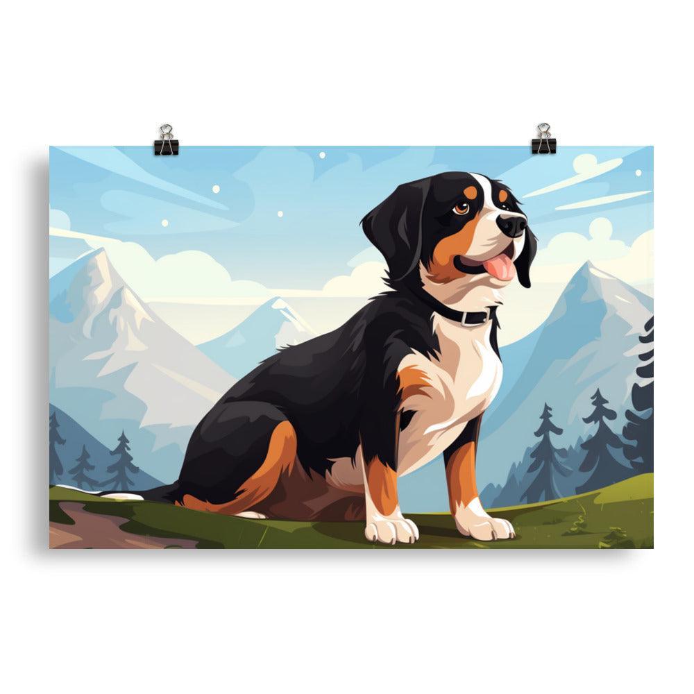 Entlebucher Mountain Dog Cartoon Mountainscape Poster - Oh Posters