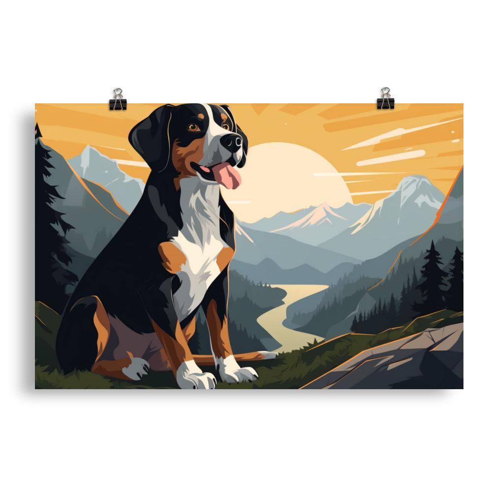 Entlebucher Mountain Dog Sunset Cartoon Scenery Poster - Oh Posters