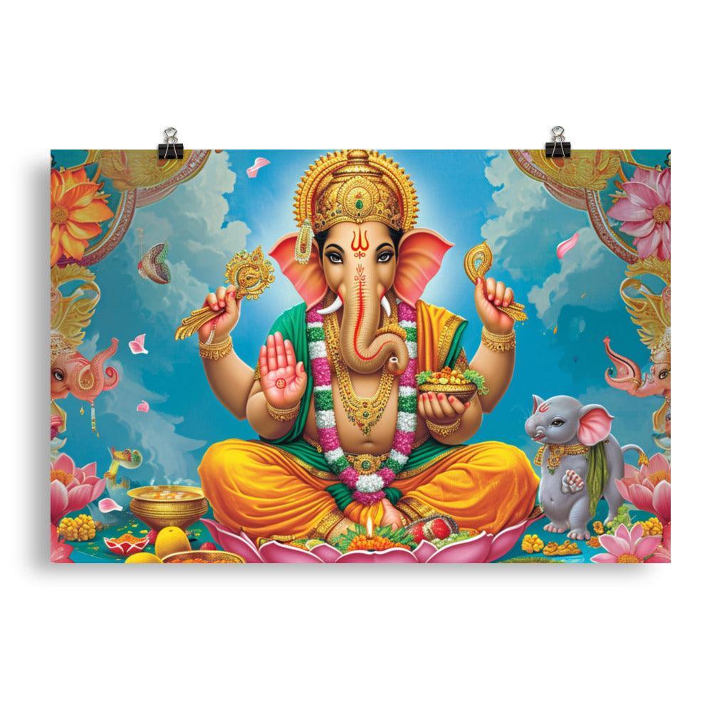 Ganesha Serene Deity with Mouse and Marigolds Poster - Oh Posters