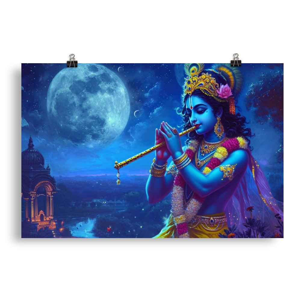 Krishna Moonlit Serenade Digital Painting Poster - Oh Posters