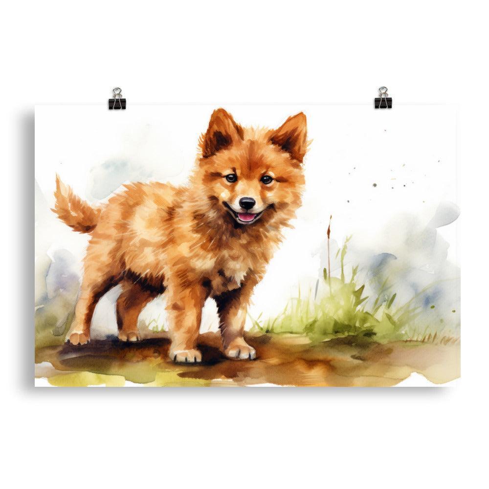 Finnish Spitz Puppy Playful Watercolor Art Poster - Oh Posters