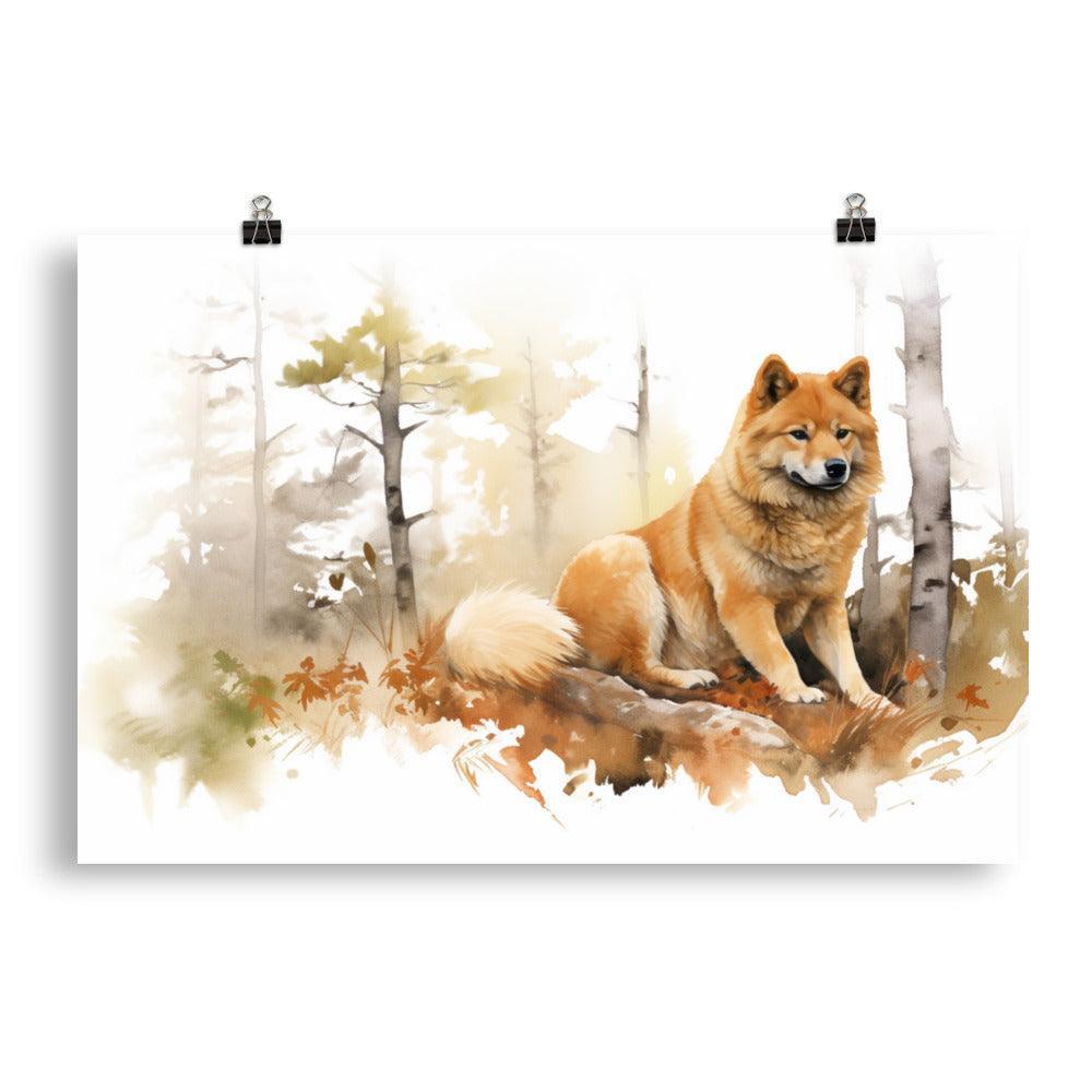 Finnish Spitz Woodland Watcher Watercolor Poster - Oh Posters